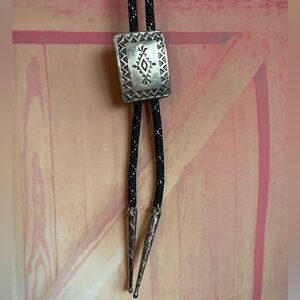 Vintage Western Concho Bolo Tie - Black and Silver Cord